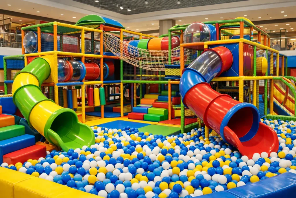 Многоуровневый soft play лабиринт с горками и шариковым бассейном для детского центра